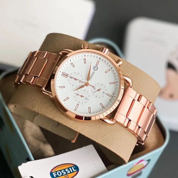 Fossil Analog Watch FS-5410-White Dial Stainless Steel Strap With Rose Gold Color Strap And White Dial Color Men;s Watch - Best Gift