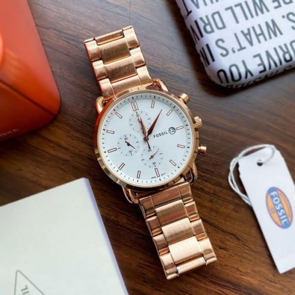 Fossil Analog Watch FS-5410-White Dial Stainless Steel Strap With Rose Gold Color Strap And White Dial Color Men;s Watch - Best Gift
